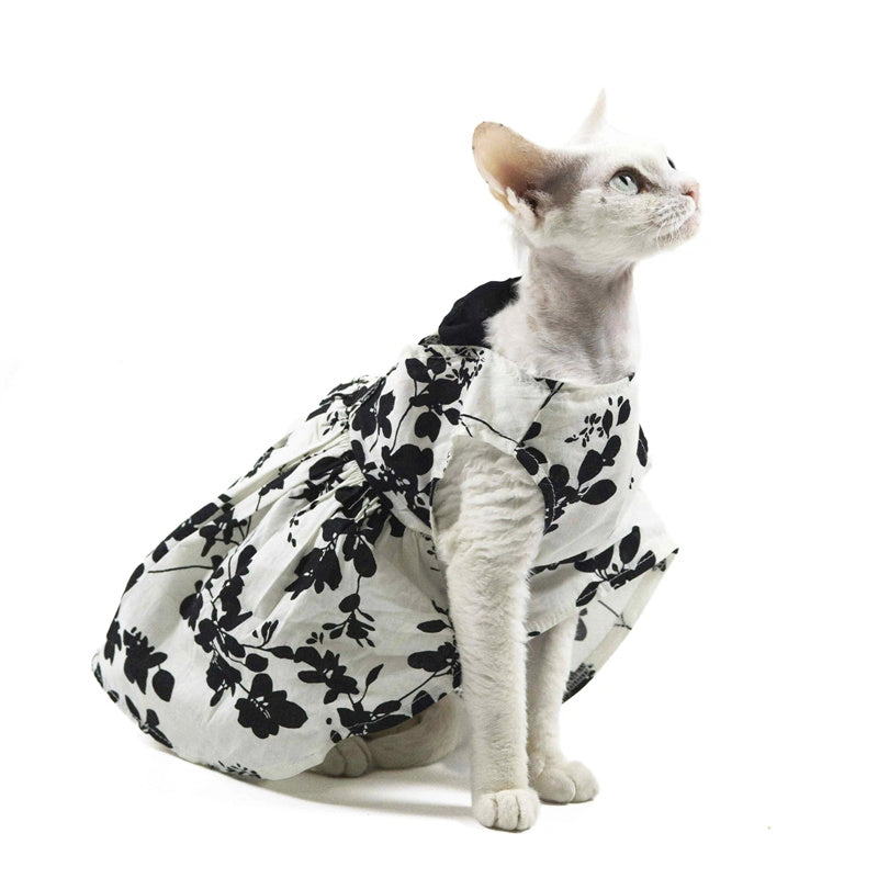 Pet cat dress Black and white printed lady's dress with a retro long style, suitable for a birthday banquet. It features an elegant and backless design with a socialite style.