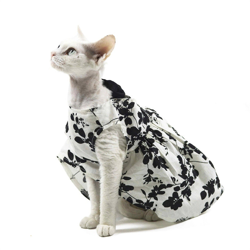 Pet cat dress Black and white printed lady's dress with a retro long style, suitable for a birthday banquet. It features an elegant and backless design with a socialite style.